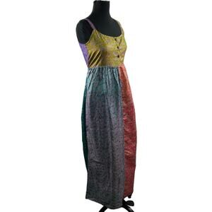 FASHION FUSE Multicolor PURE Silk Sleeveless Scoop Neck Tie Belt Maxi Dress Sz S